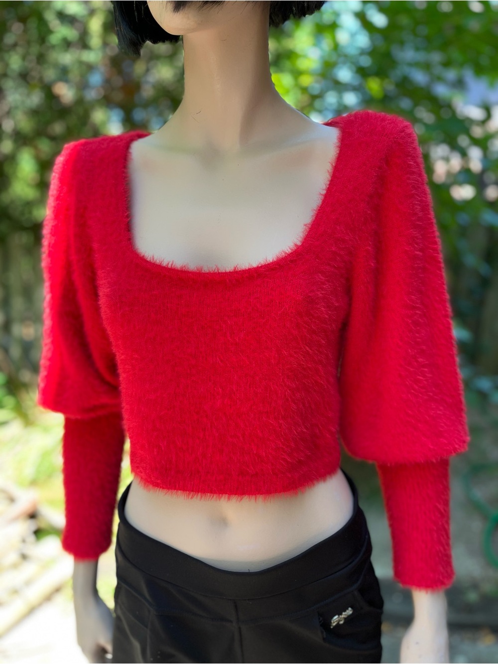Zara Red Fuzzy Scoop Neck Cropped Sweater